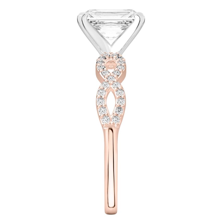 radiant cut diamond infinity engagement ring rose gold side