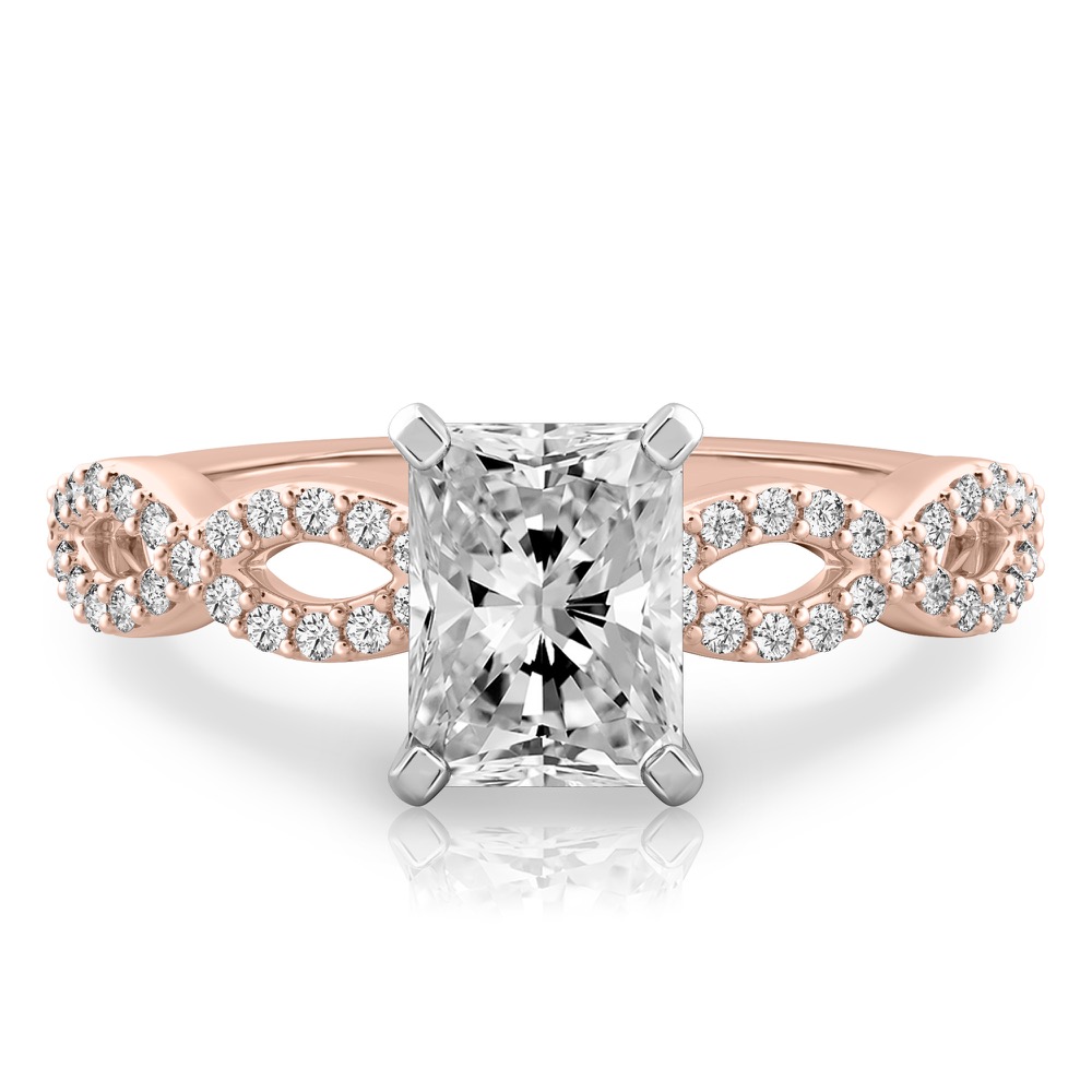 radiant cut diamond infinity engagement ring rose gold