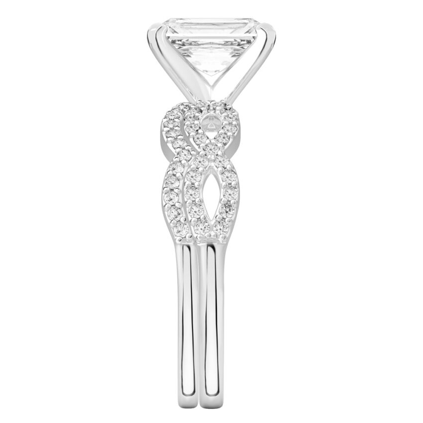 radiant cut diamond infinity engagement ring set palladium side
