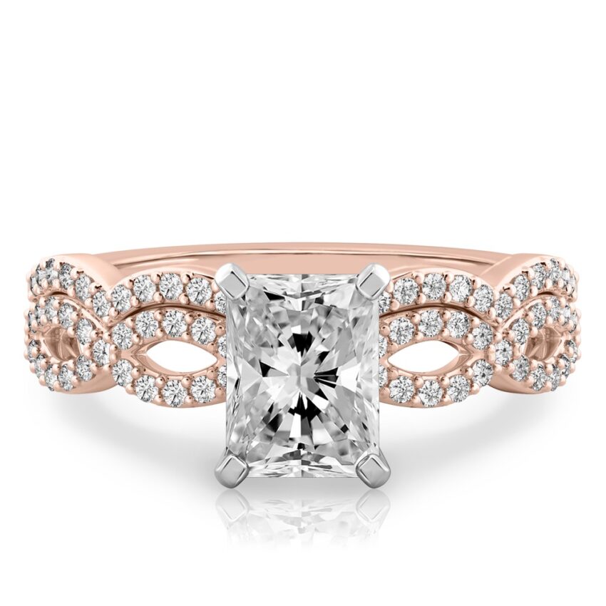 radiant cut diamond infinity engagement ring set rose gold