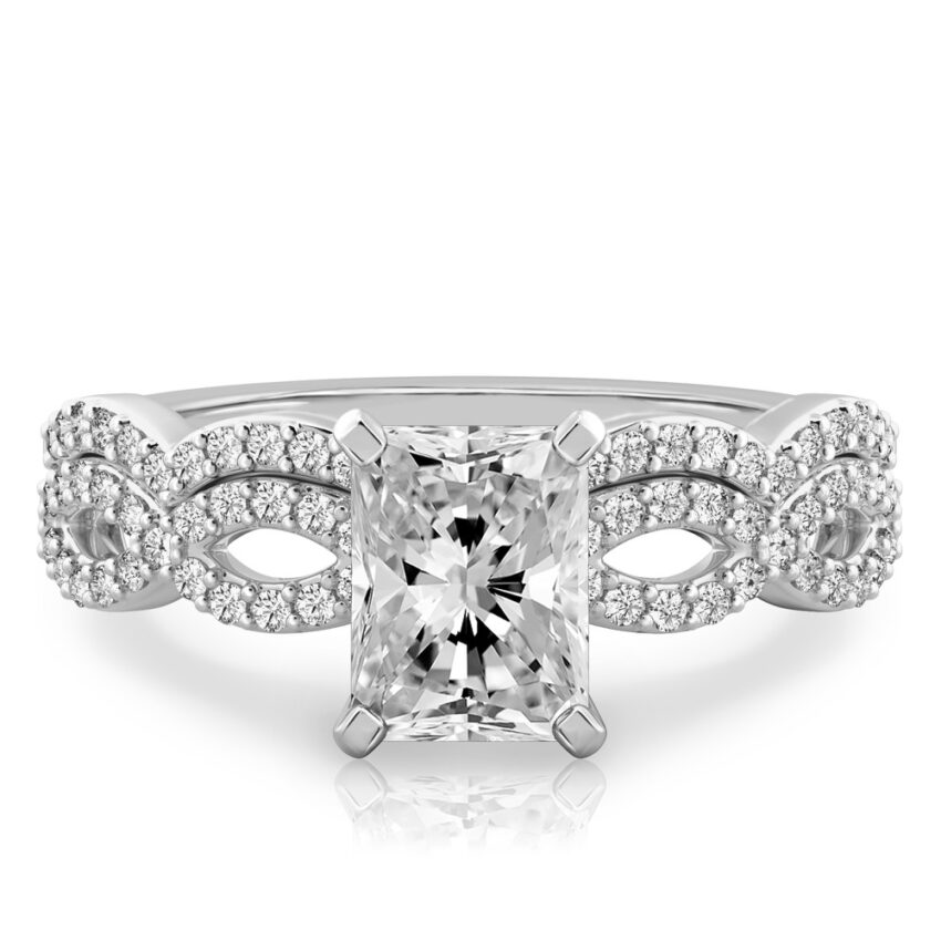 radiant cut diamond infinity engagement ring set white gold