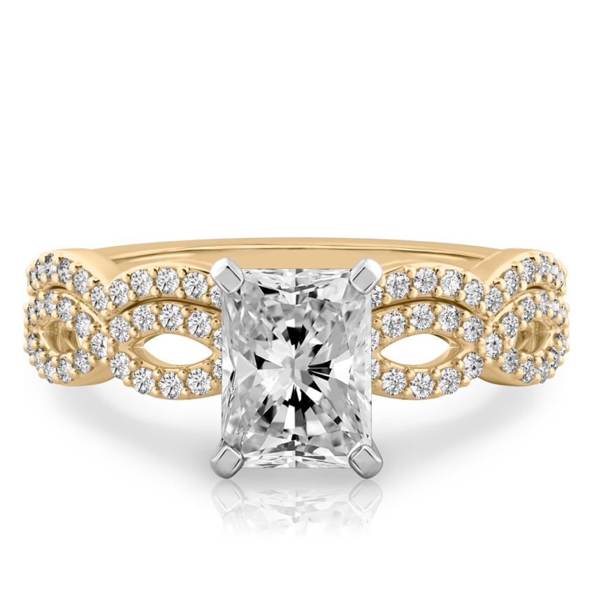 radiant cut diamond infinity engagement ring set yellow gold