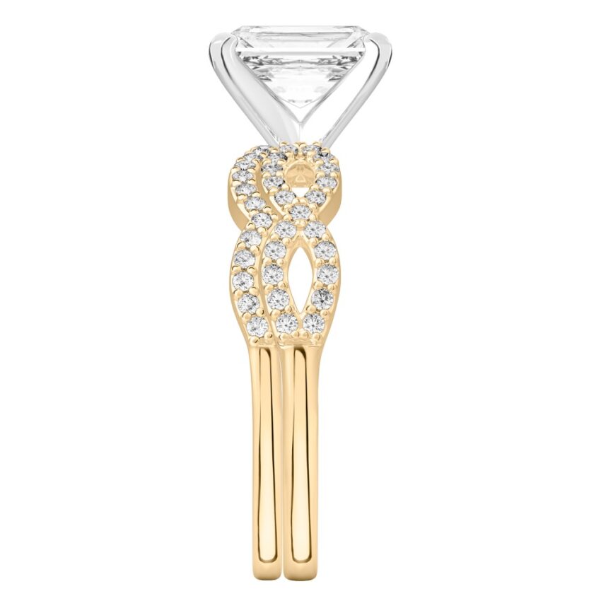 radiant cut diamond infinity engagement ring set yellow gold side