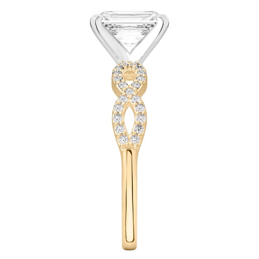 radiant cut diamond infinity engagement ring yellow gold side