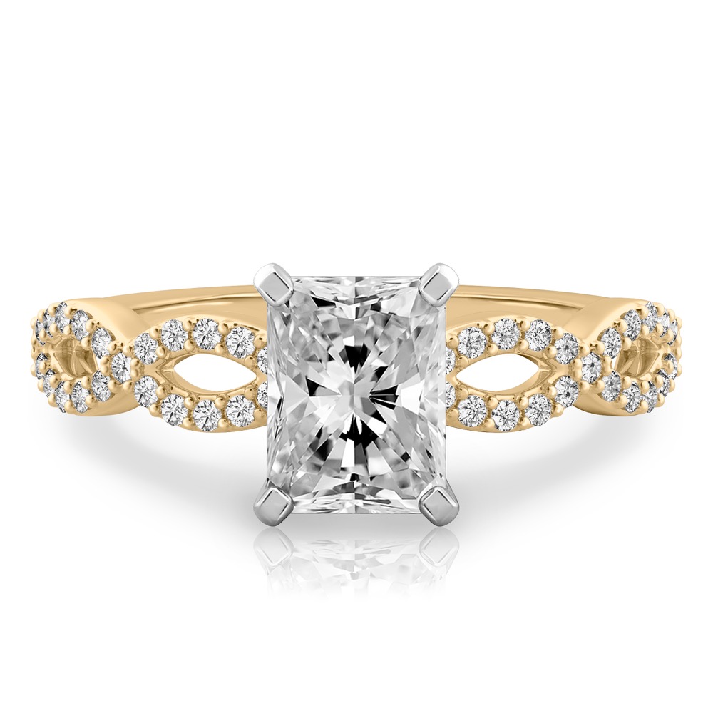 radiant cut diamond infinity engagement ring yellow gold