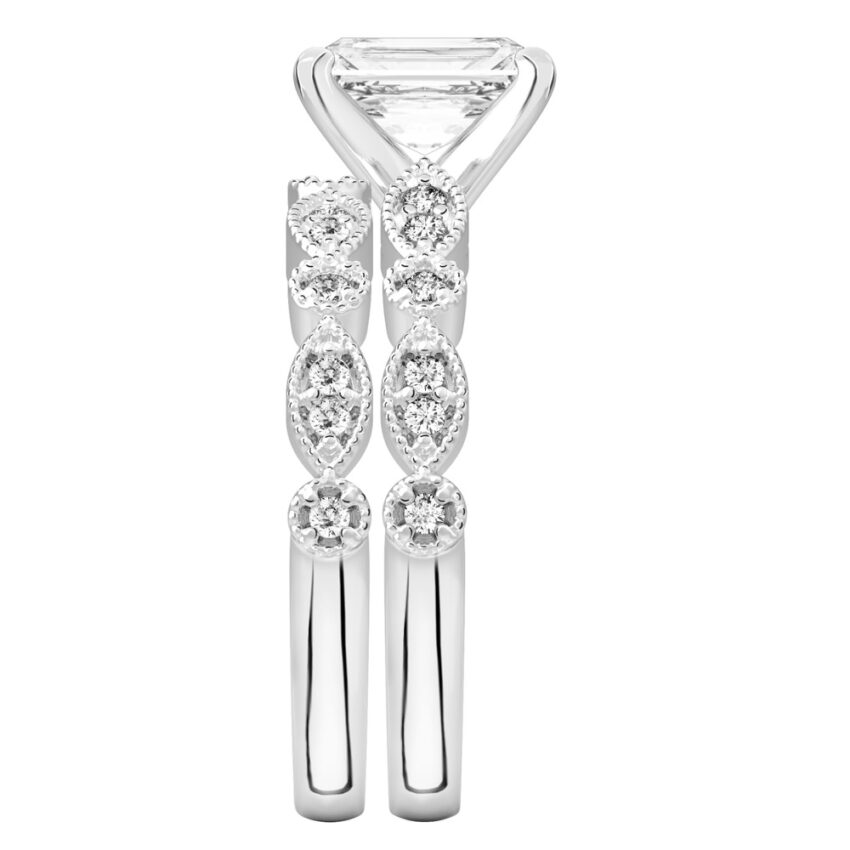 radiant cut diamond pandora engagement ring set platinum side