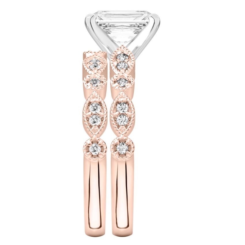 radiant cut diamond pandora engagement ring set rose gold side