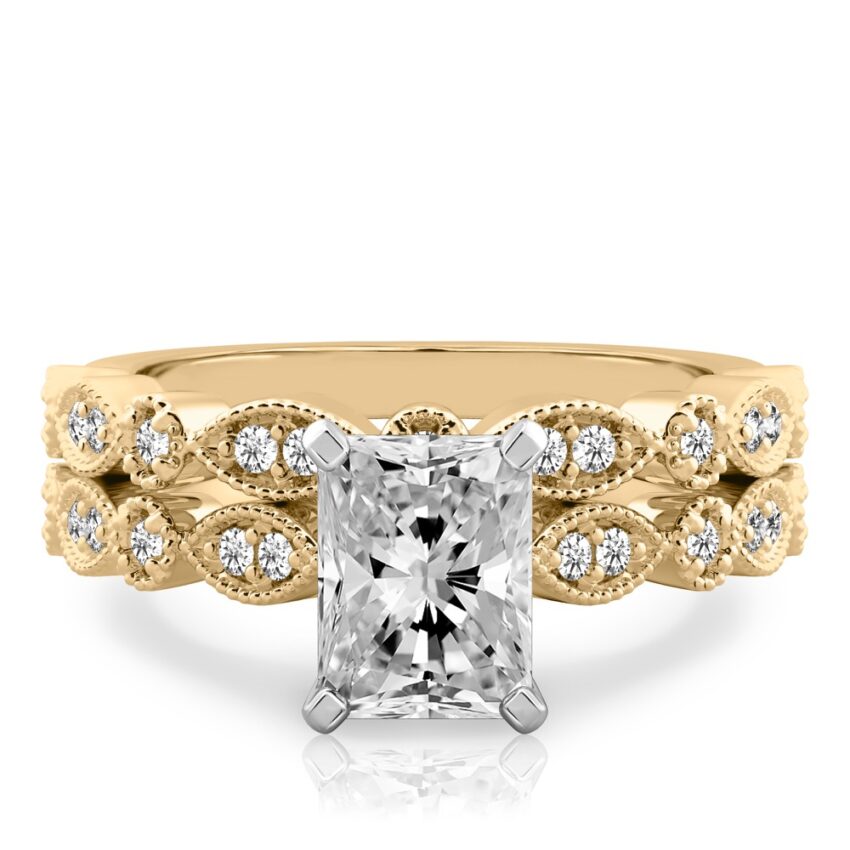 radiant cut diamond pandora engagement ring set yellow gold