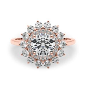round cut diamond double halo engagement ring rose gold