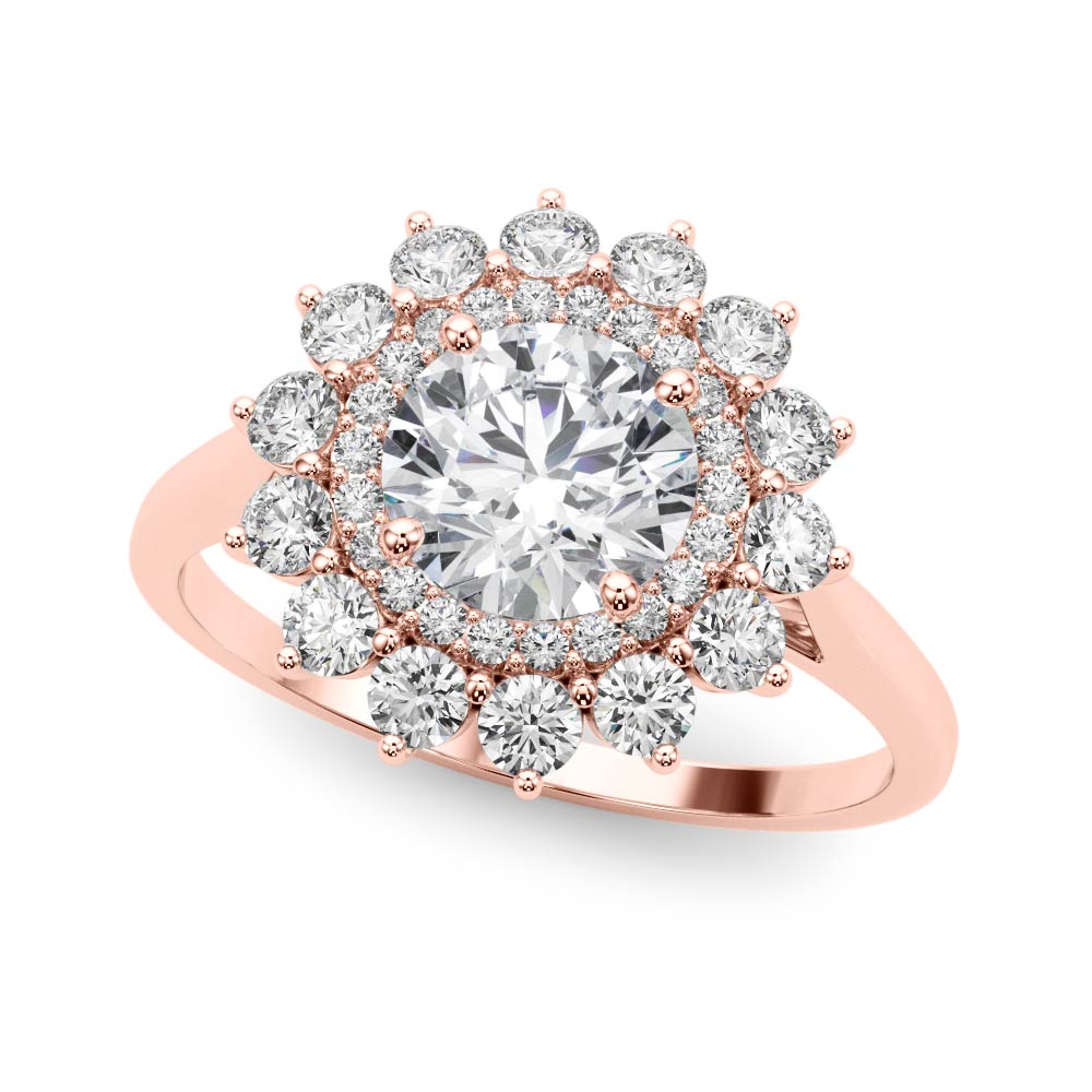 round cut diamond double halo engagement ring rose gold angle