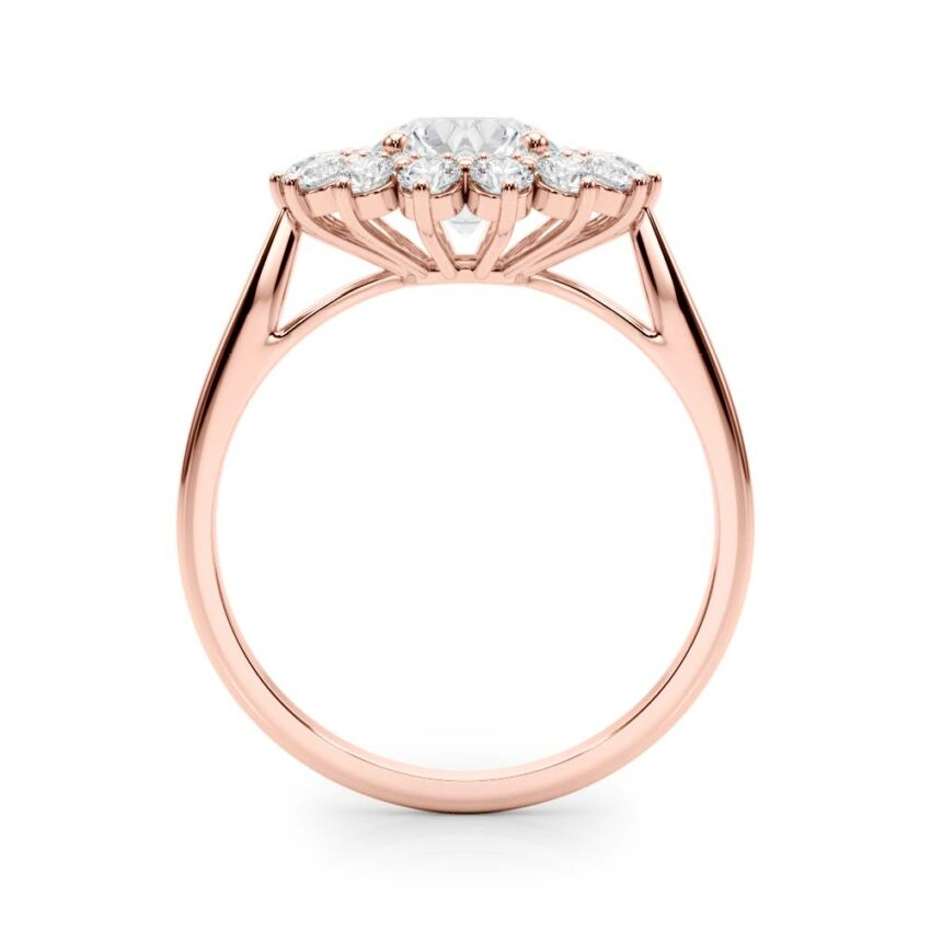 round cut diamond double halo engagement ring rose gold side