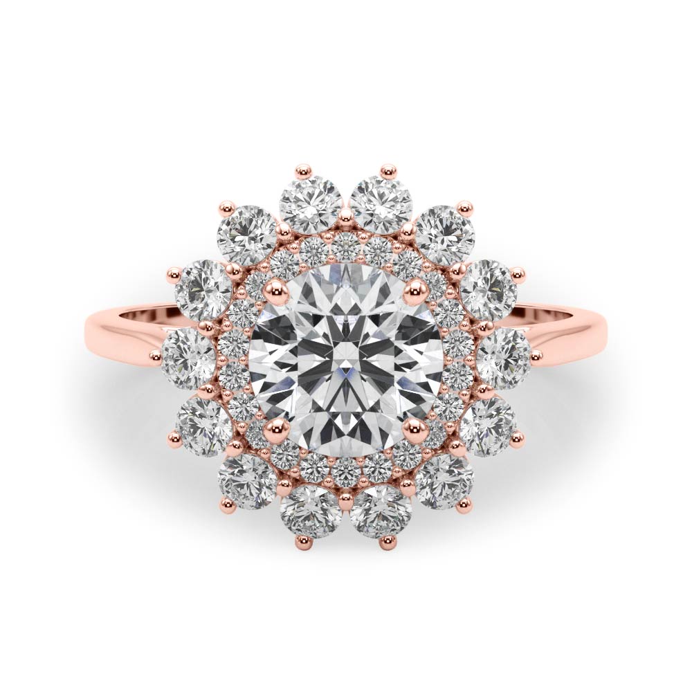 round cut diamond double halo engagement ring rose gold