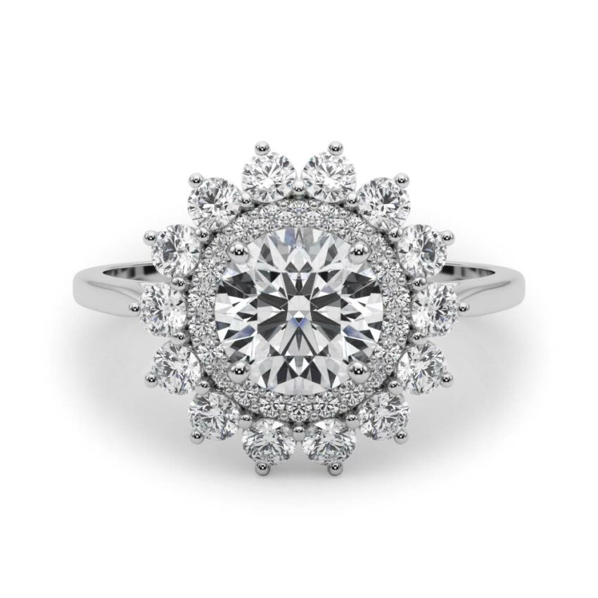 round cut diamond double halo engagement ring white gold