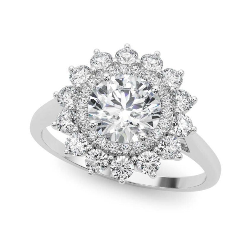 round cut diamond double halo engagement ring white gold angle