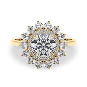 round cut diamond double halo engagement ring yellow gold