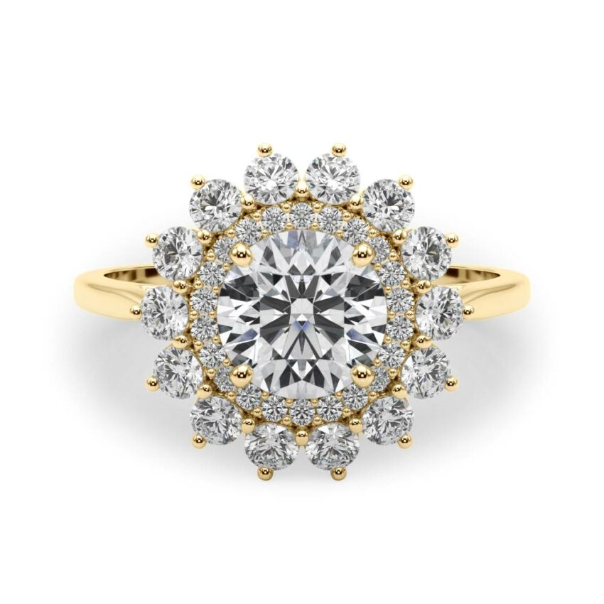 round cut diamond double halo engagement ring yellow gold