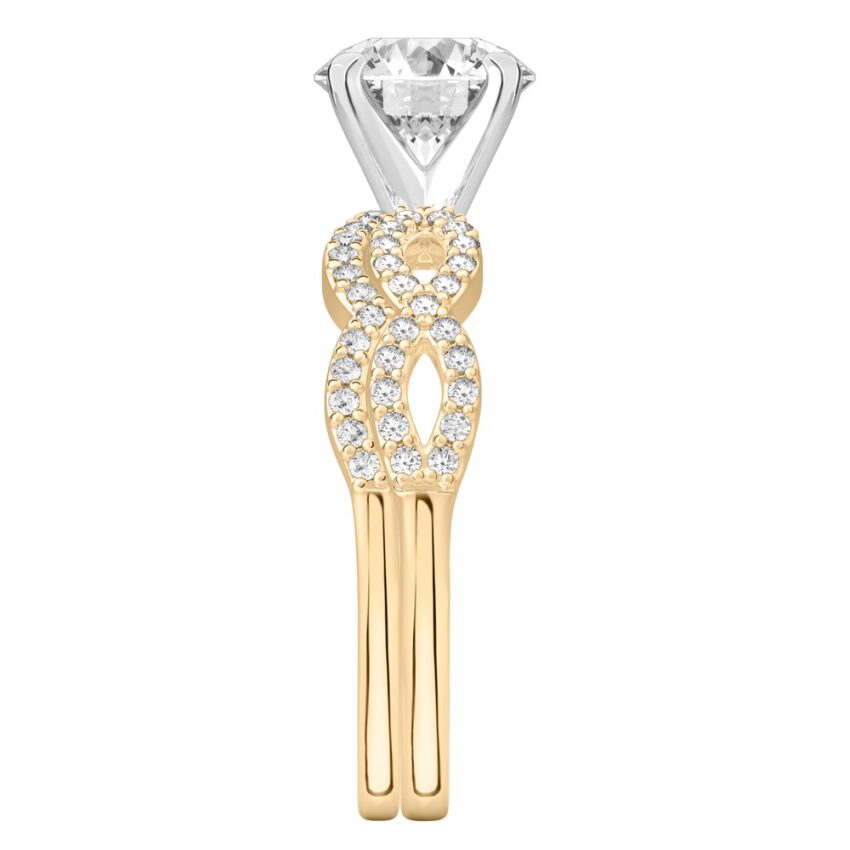 round cut diamond infinity engagement ring set yellow gold side