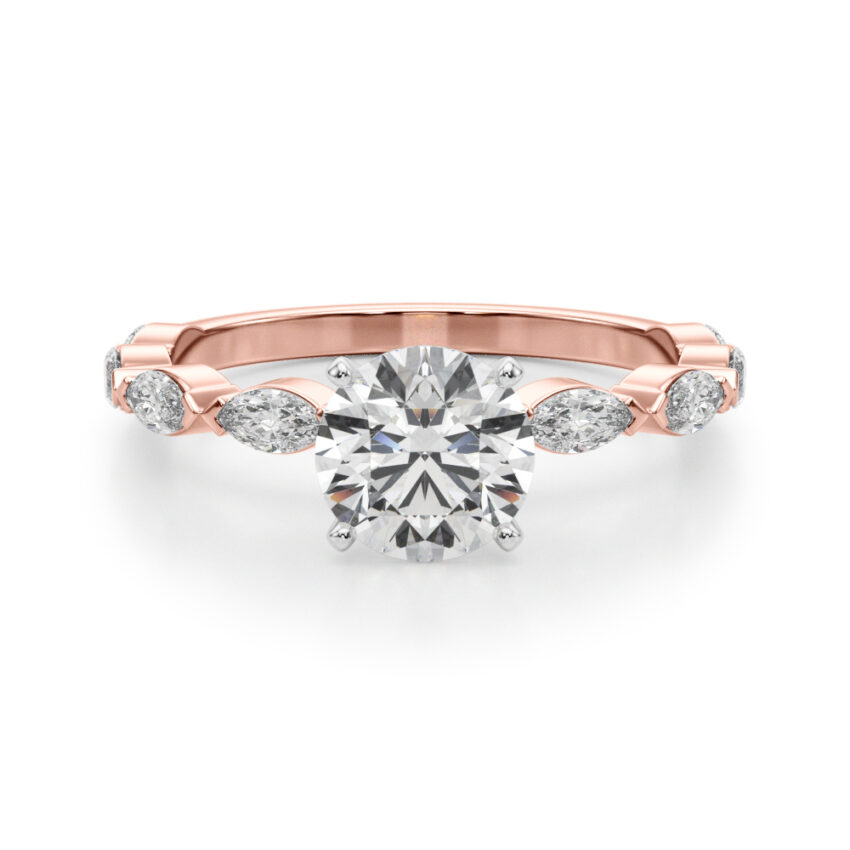 round cut diamond marquise band engagement ring rose gold