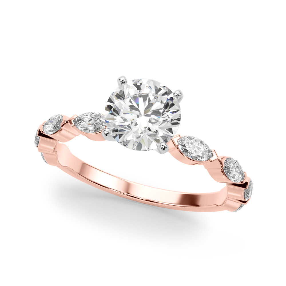 round cut diamond marquise band engagement ring rose gold angle