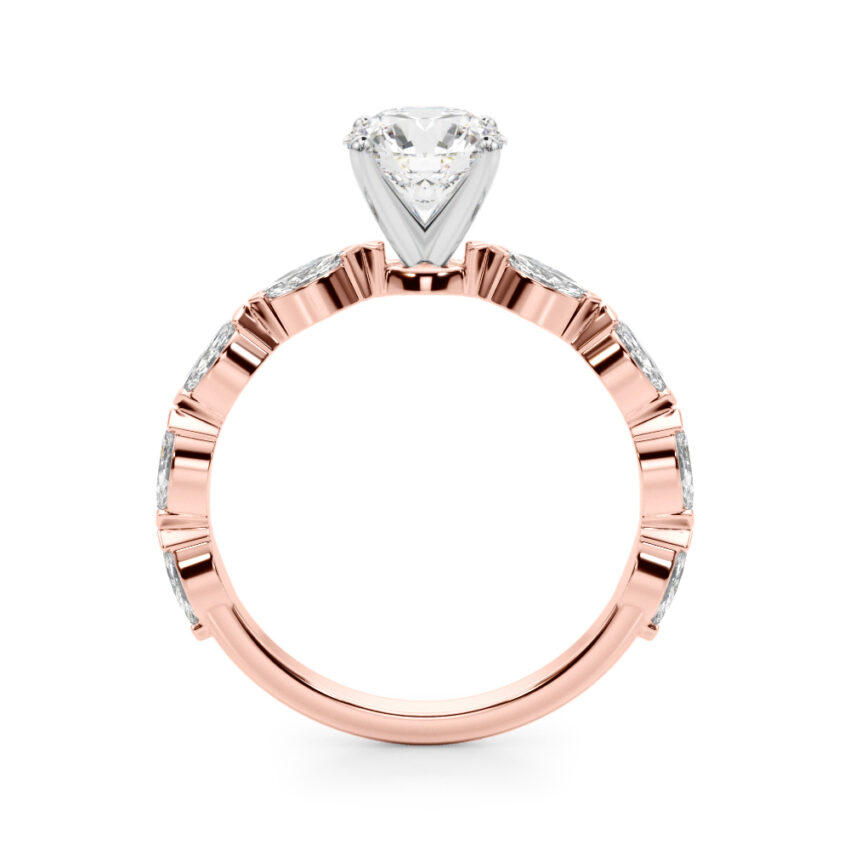 round cut diamond marquise band engagement ring rose gold side
