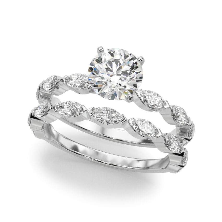 round cut diamond marquise band engagement ring set white gold