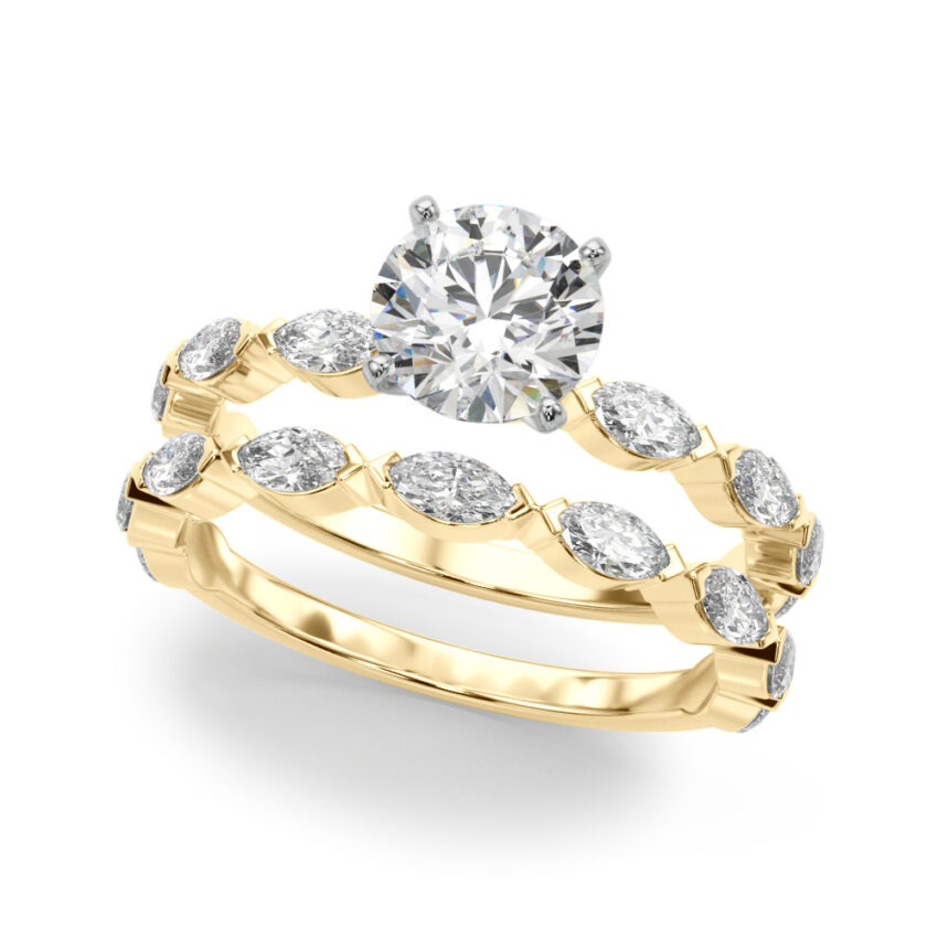 round cut diamond marquise band engagement ring set yellow gold