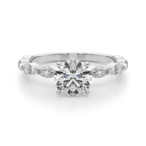 round cut diamond marquise band engagement ring white gold