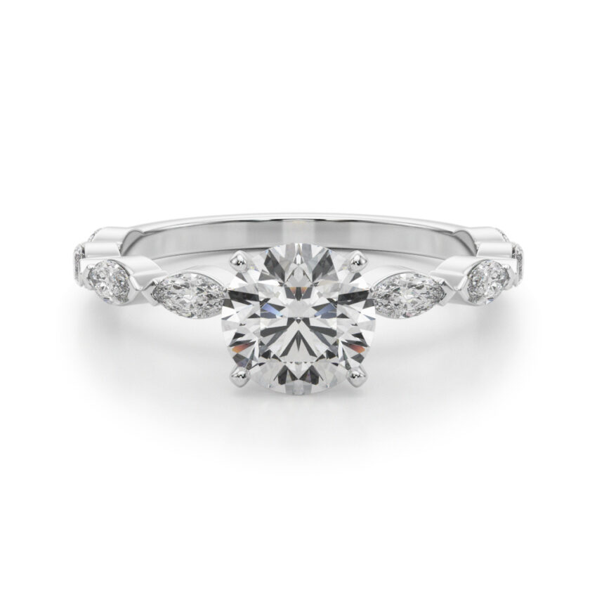 round cut diamond marquise band engagement ring white gold