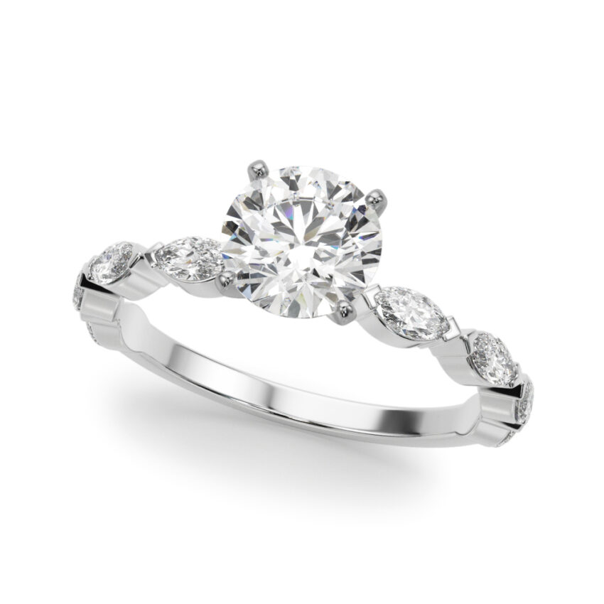 round cut diamond marquise band engagement ring white gold angle