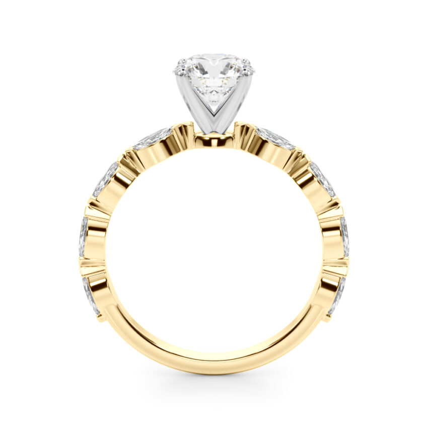 round cut diamond marquise band engagement ring yellow gold side