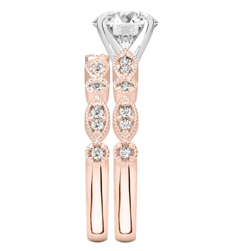 round cut diamond pandora engagement ring set rose gold side