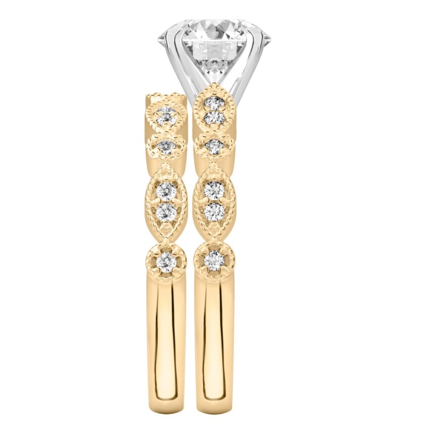 round cut diamond pandora engagement ring set yellow gold side