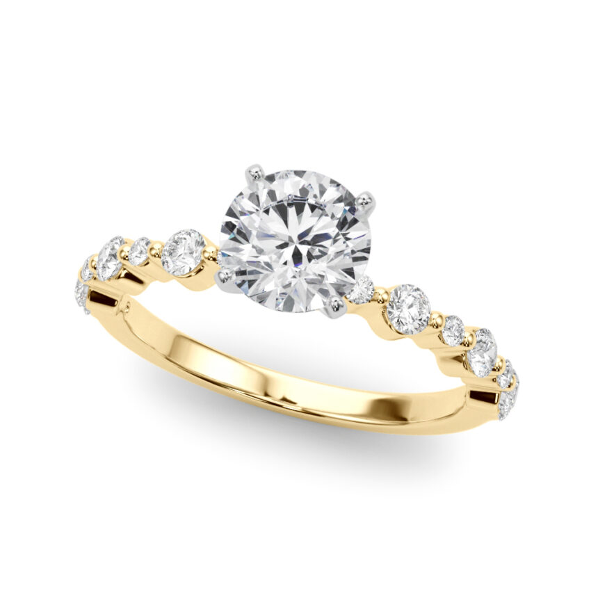 round cut diamond single shared prong engagement ring yellow gold angle