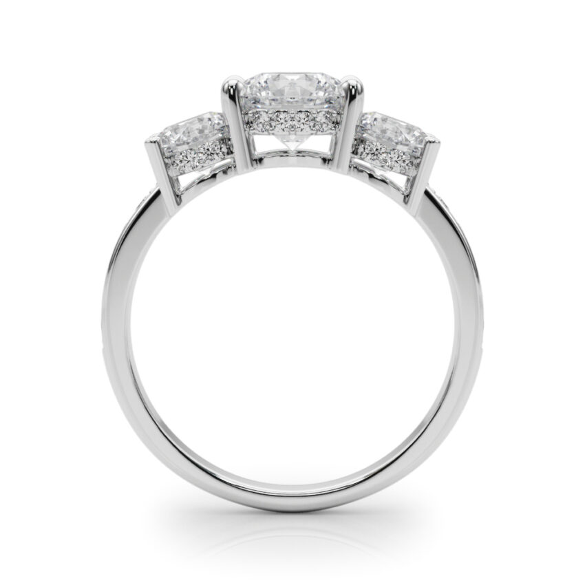 round cut diamond three stone hidden halo engagement ring platinum side