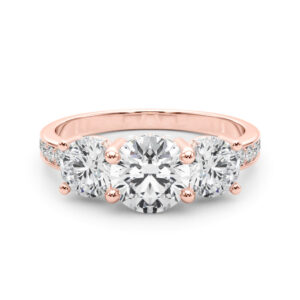 round cut diamond three stone hidden halo engagement ring rose gold
