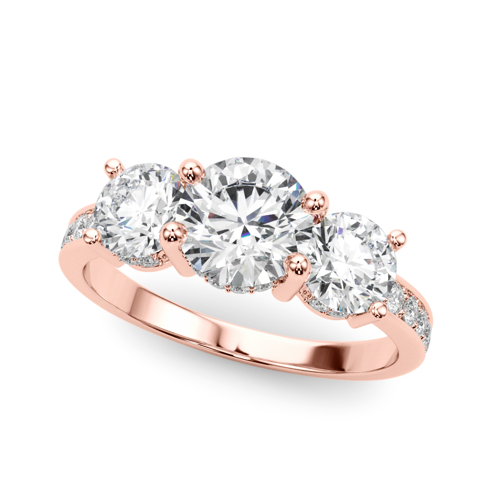 round cut diamond three stone hidden halo engagement ring rose gold angle