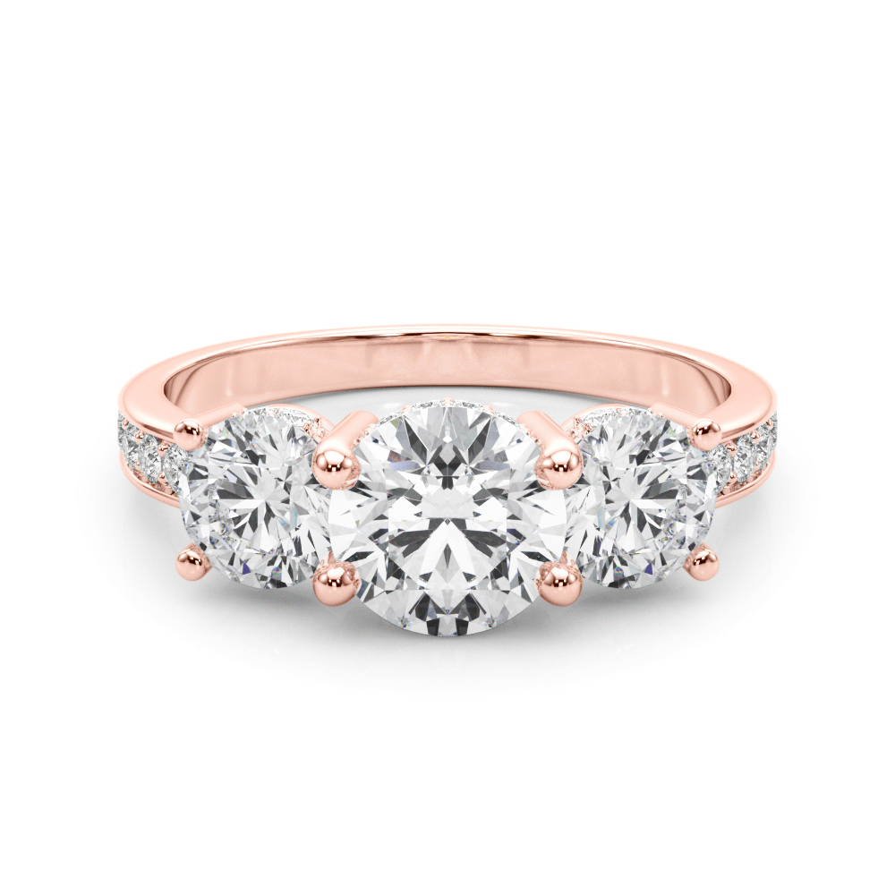 round cut diamond three stone hidden halo engagement ring rose gold