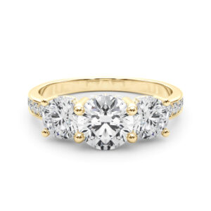 round cut diamond three stone hidden halo engagement ring yellow gold