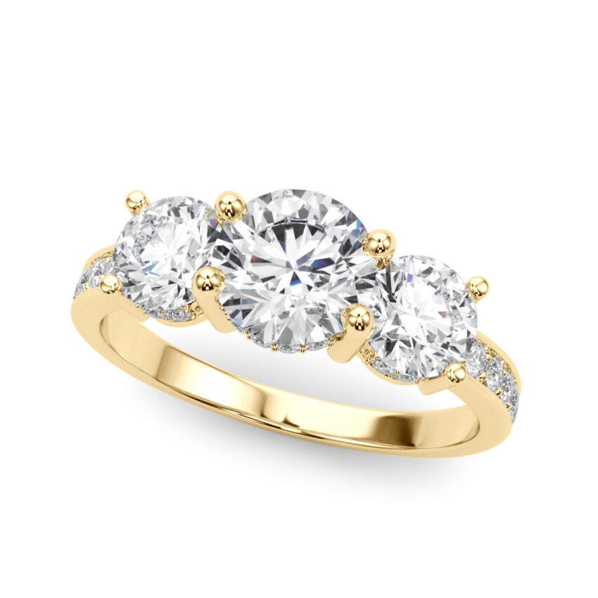 round cut diamond three stone hidden halo engagement ring yellow gold angle