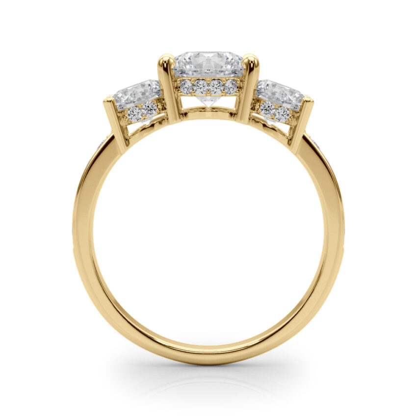 round cut diamond three stone hidden halo engagement ring yellow gold side