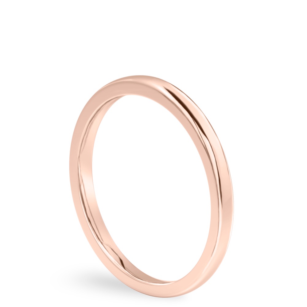 Angle view of 2mm wedding band in rose gold