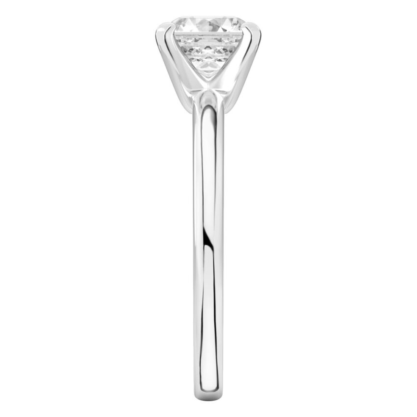 Side view of asscher cut diamond classic solitaire engagement ring in platinum