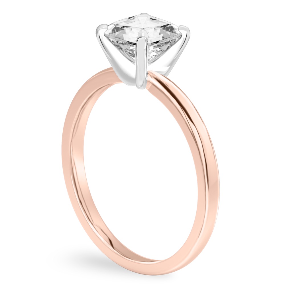 Angle view of asscher cut diamond classic solitaire engagement ring in rose gold