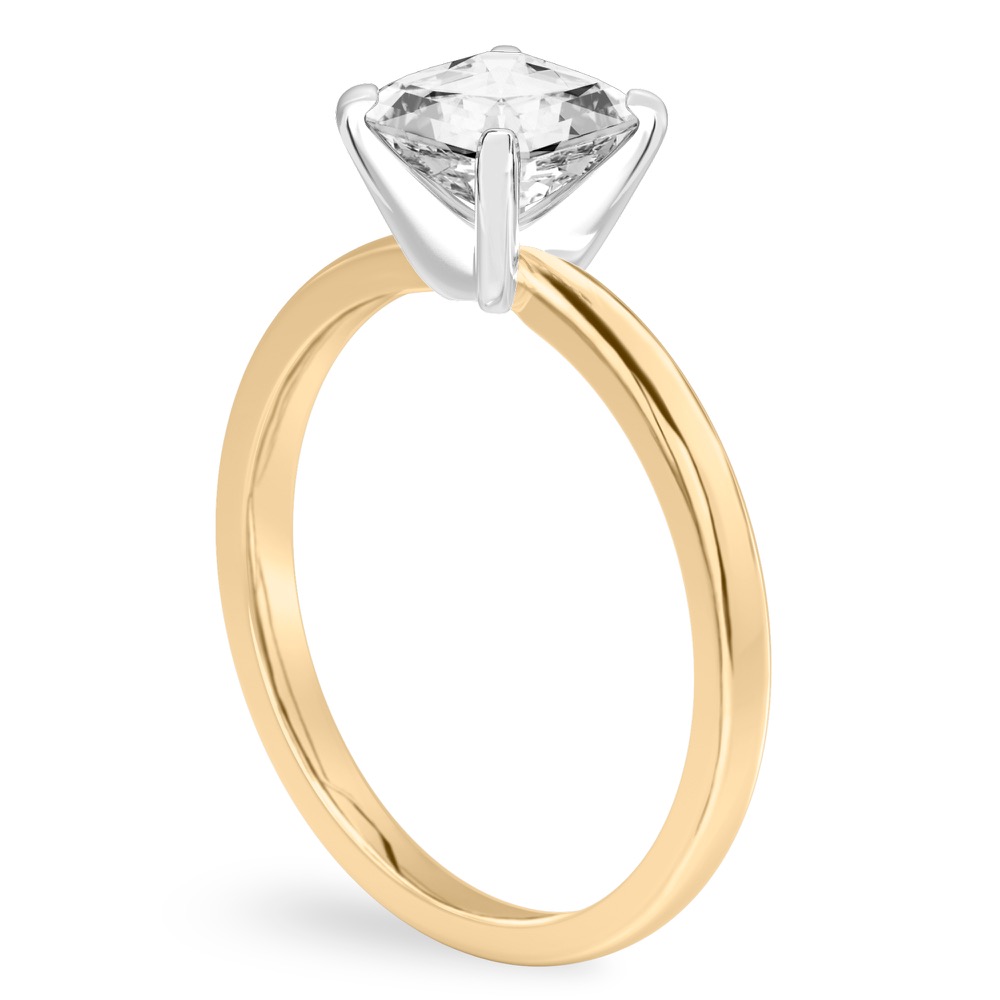 Angle view of asscher cut diamond classic solitaire engagement ring in yellow gold