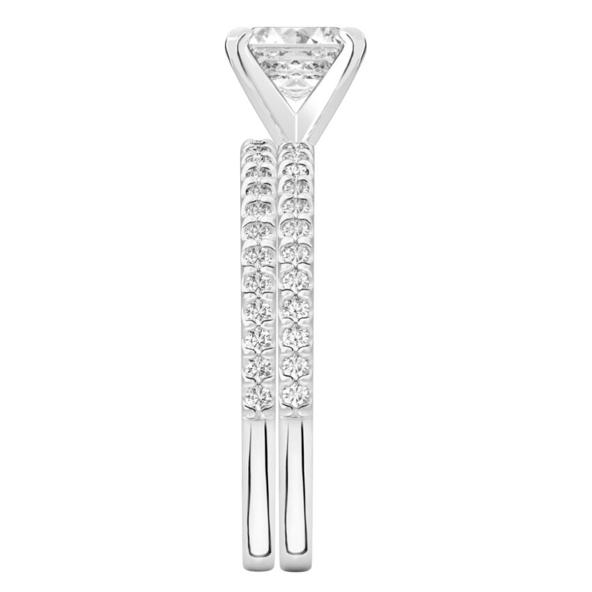 asscher cut diamond dainty engagement ring set platinum side