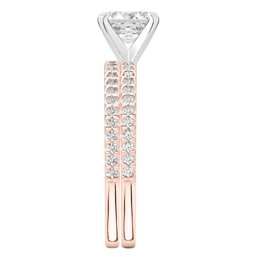 asscher cut diamond dainty engagement ring set rose gold side