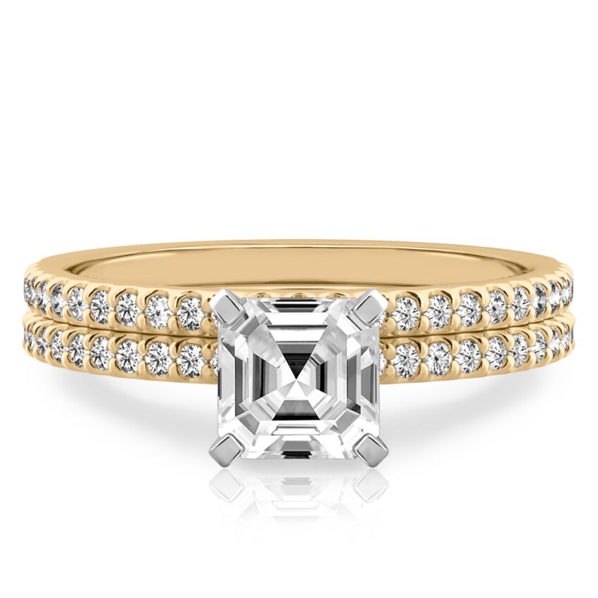 asscher cut diamond dainty engagement ring set yellow gold