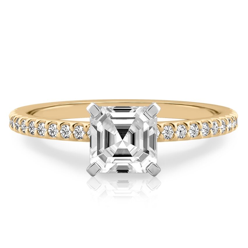 asscher cut diamond dainty engagement ring yellow gold