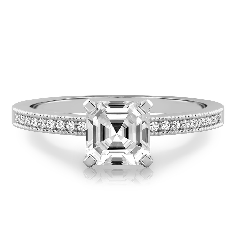 asscher cut diamond petite milgrain diamond engagement ring in platinum