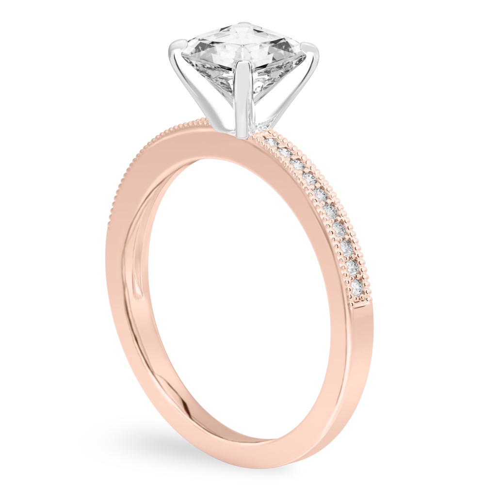 Angle view of asscher cut diamond petite milgrain diamond engagement ring in rose gold